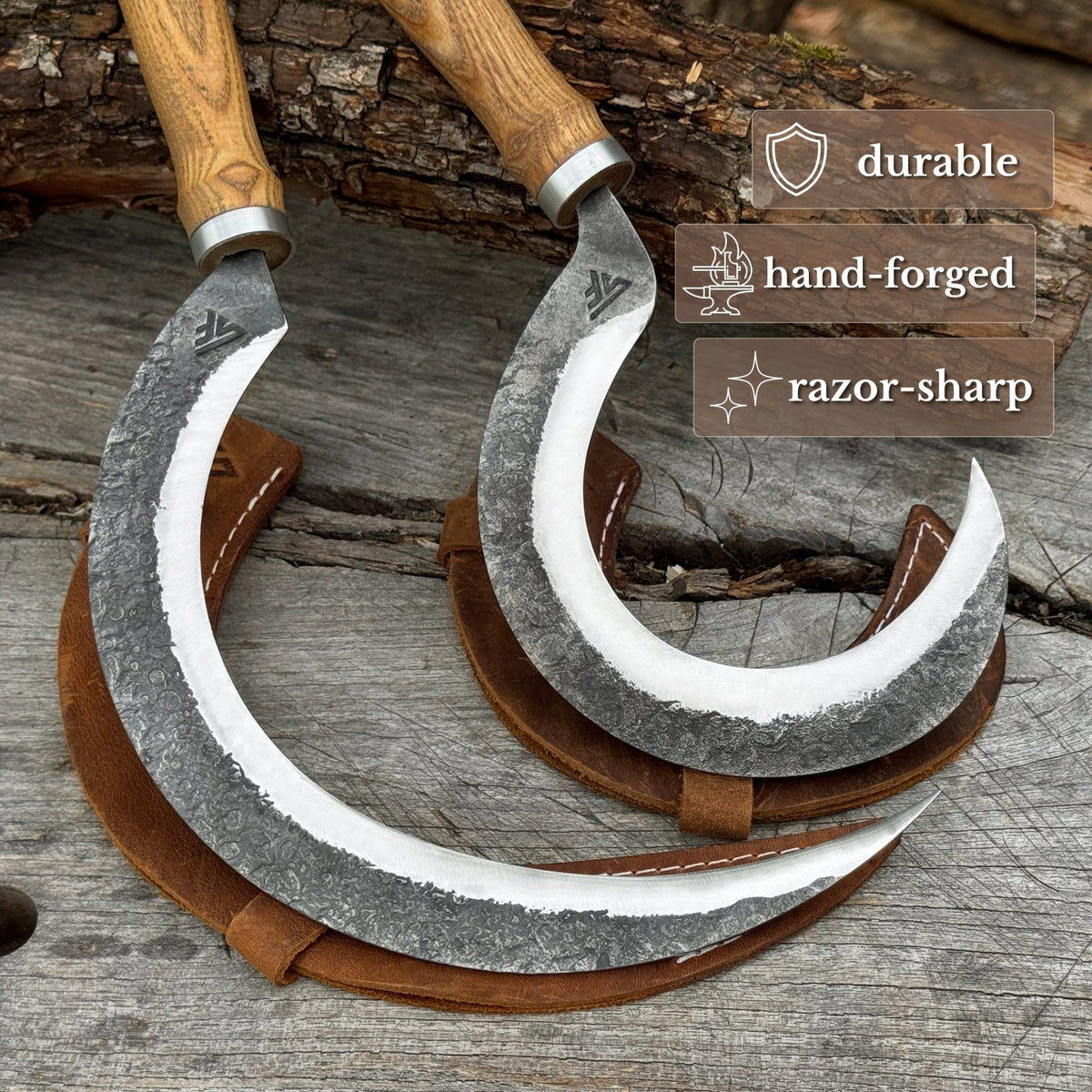 Hand-Forged 2-Piece Sickle Set with Leather Sheaths - 2