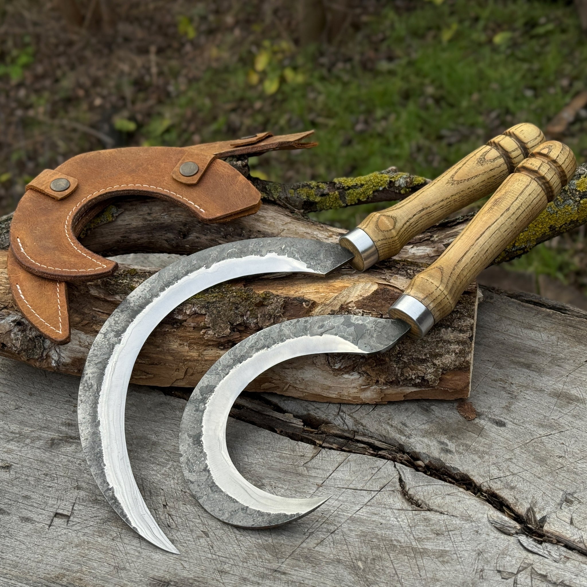 Hand - Forged 2 - Piece Sickle Set with Leather Sheaths - 1