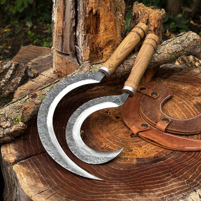 Hand-Forged 2-Piece Sickle Set with Leather Sheaths - 1
