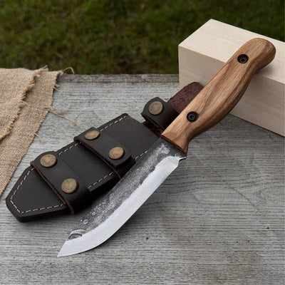 Hand - Forged Bushcraft Knife, 10 cm (3.9 in) Blade with Leather Sheath - 1
