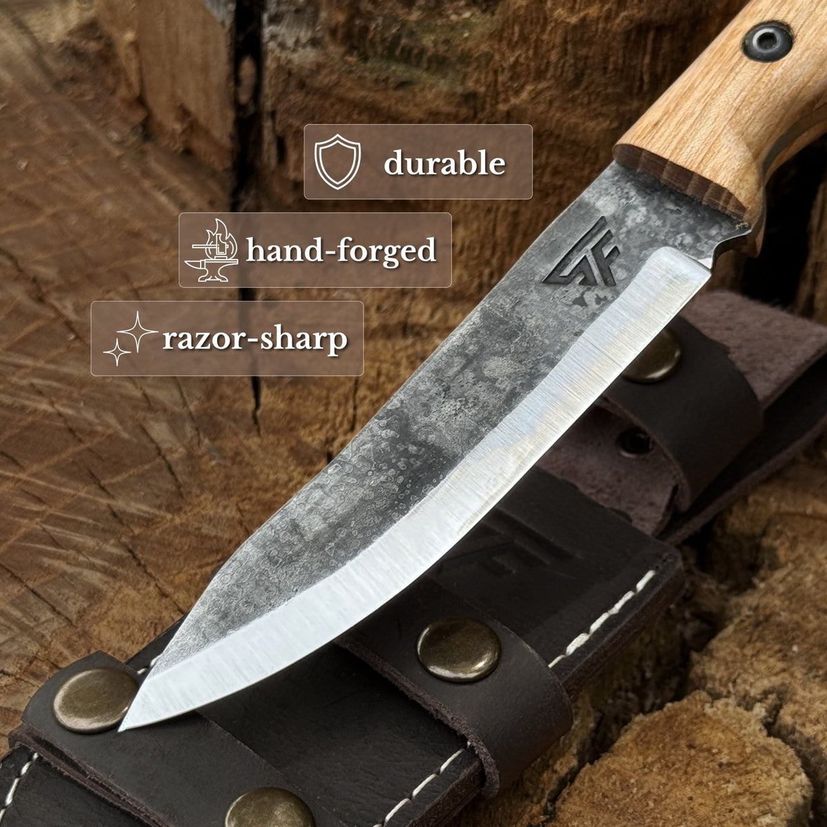 Hand-Forged Bushcraft Knife, 10 cm (3.9 in) Blade with Leather Sheath - 2