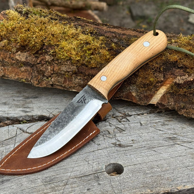 Hand-Forged Bushcraft Knife with Leather Belt Sheath, 10 cm / 3.93 in - 1