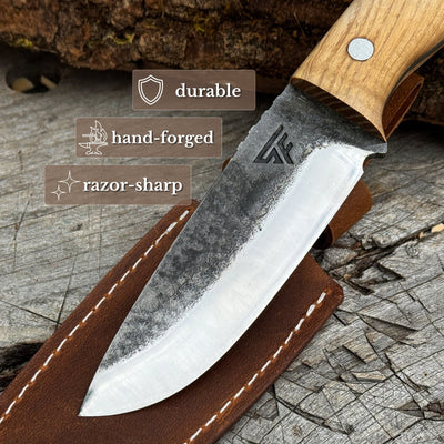 Hand-Forged Bushcraft Knife with Leather Belt Sheath, 10 cm / 3.93 in - 2