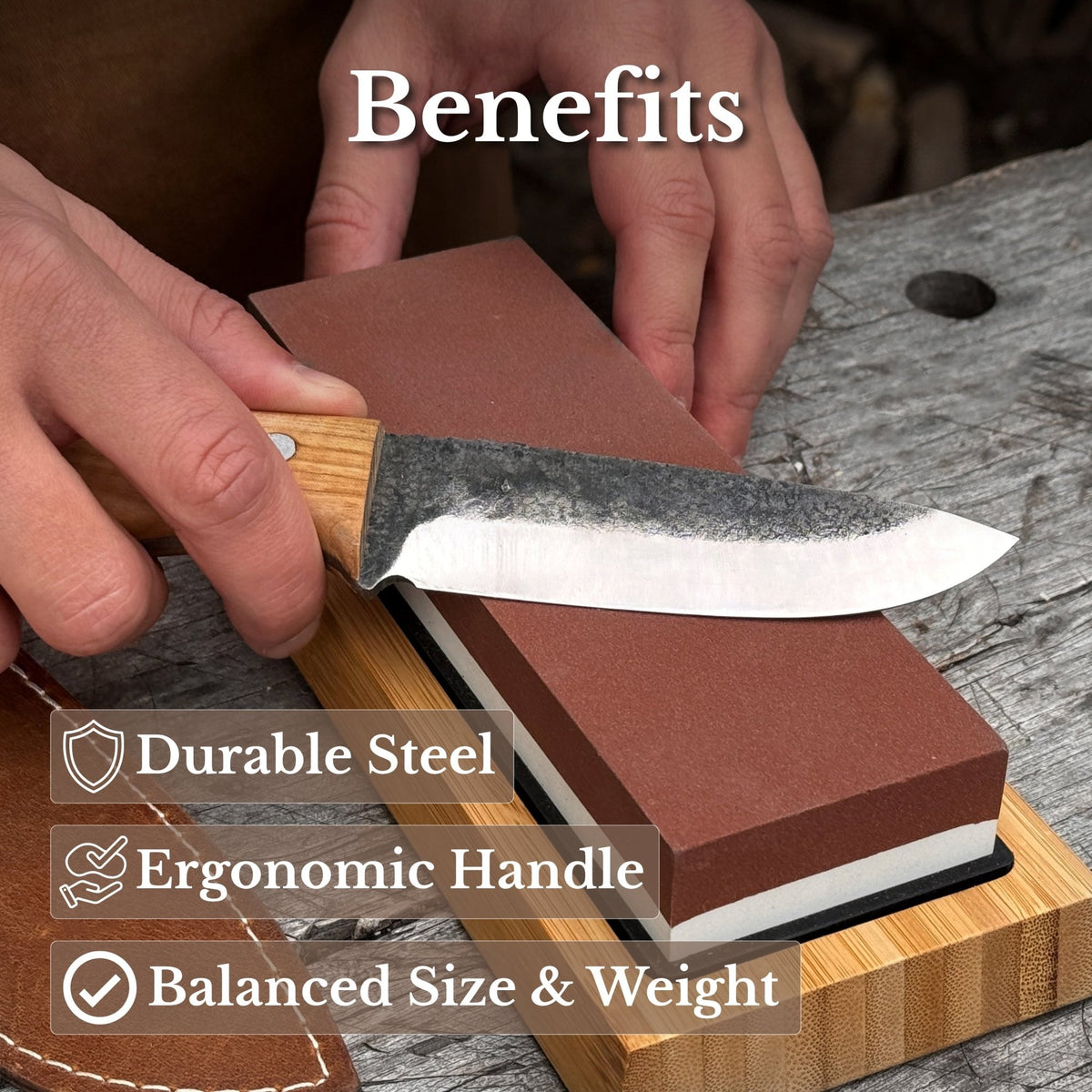 Hand-Forged Bushcraft Knife with Leather Belt Sheath, 10 cm / 3.93 in - 8