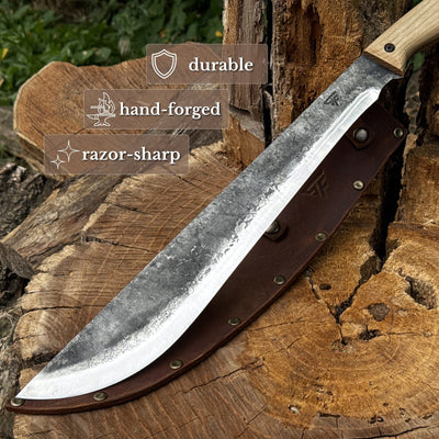 Hand Forged Bushcraft Machete with Leather Sheath, 33 cm / 12.99 in - 2