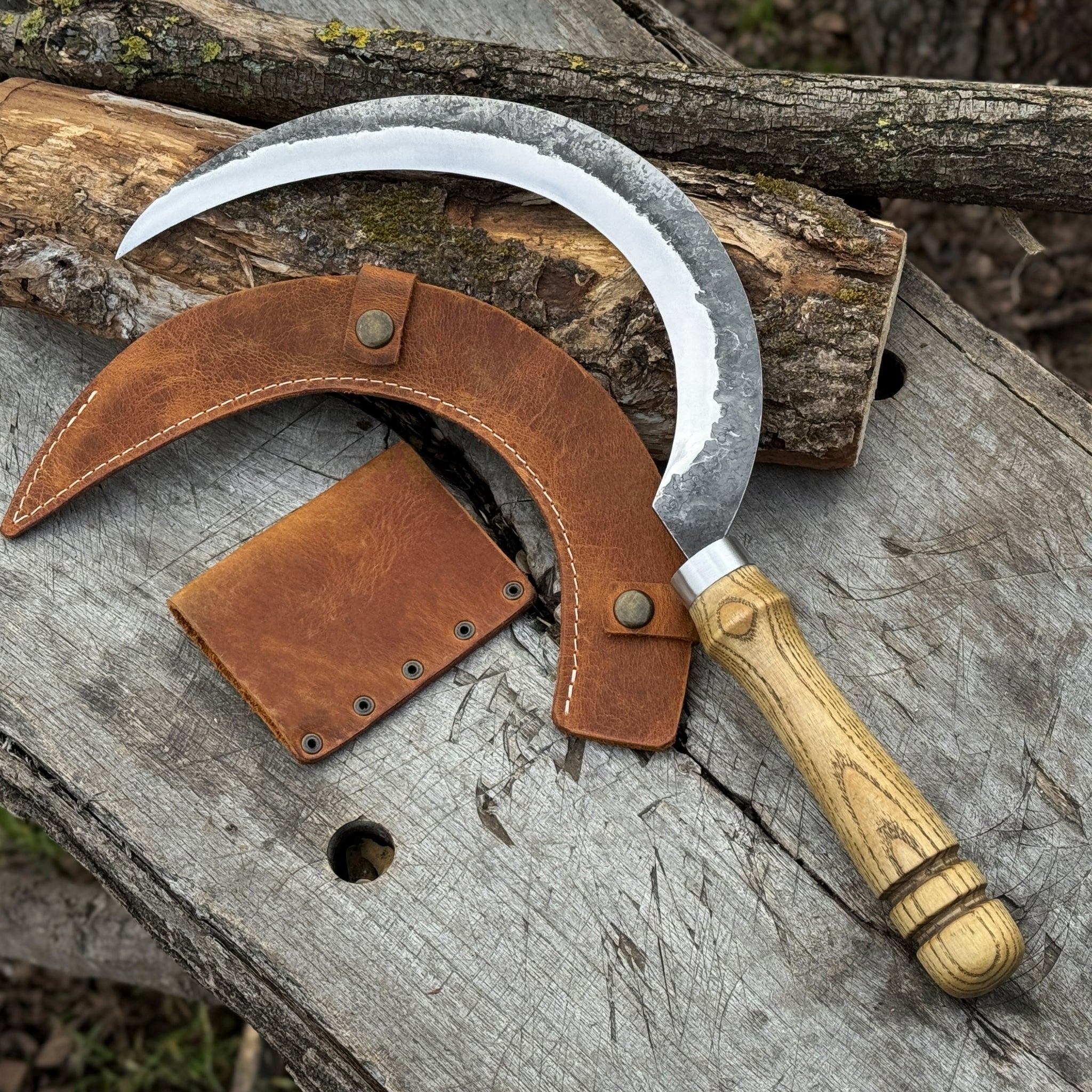 Hand - Forged Large Sickle, ⌀19 cm (7.5 inches) Blade, Leather Belt Attachment - 12