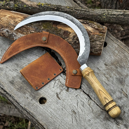Hand - Forged Large Sickle, ⌀19 cm (7.5 inches) Blade, Leather Belt Attachment - 12
