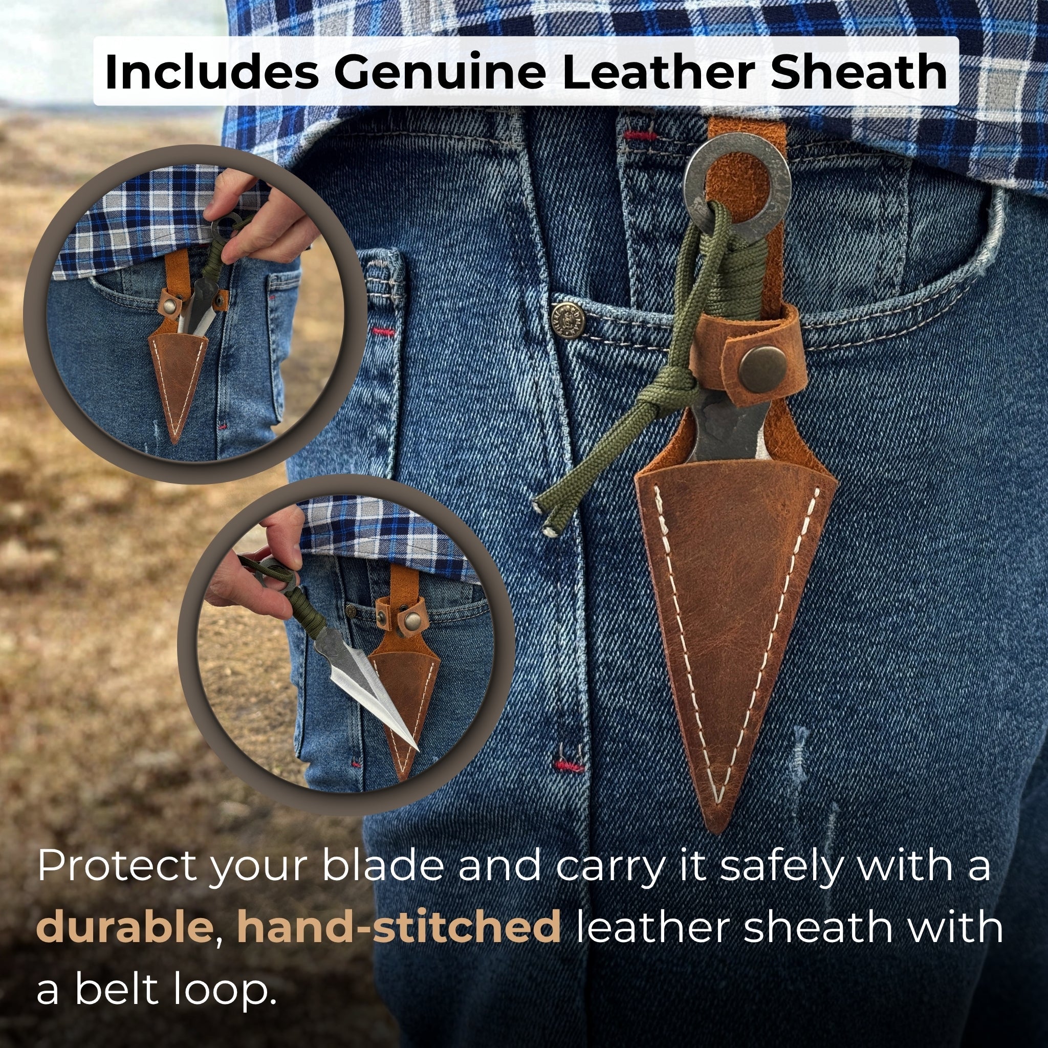 Hand - Forged Throwing Knife with Leather Belt Sheath, 16 cm (6.3 inches) - 4