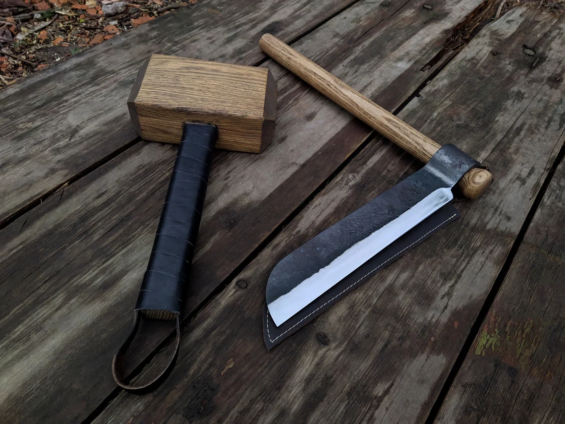 Hand-Forged Splitting Froe with Wooden Mallet - Forged Steel Tools