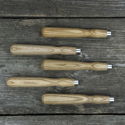Set of 5 Ash Wood Handles for Chisels and Gouges with Aluminum Rings - 1