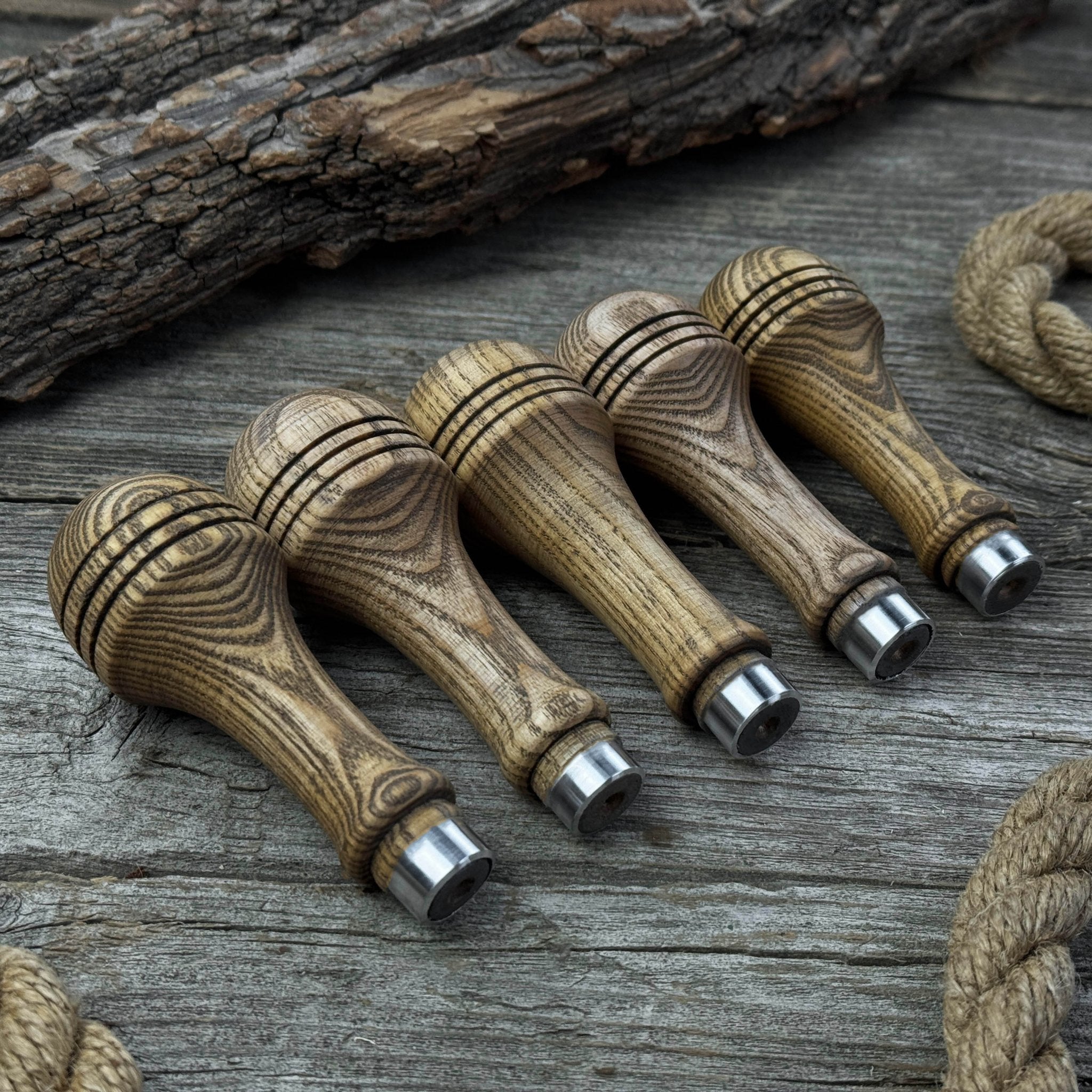 Set of 5 Ash Wood Replacement Handles with Aluminum Rings - 1