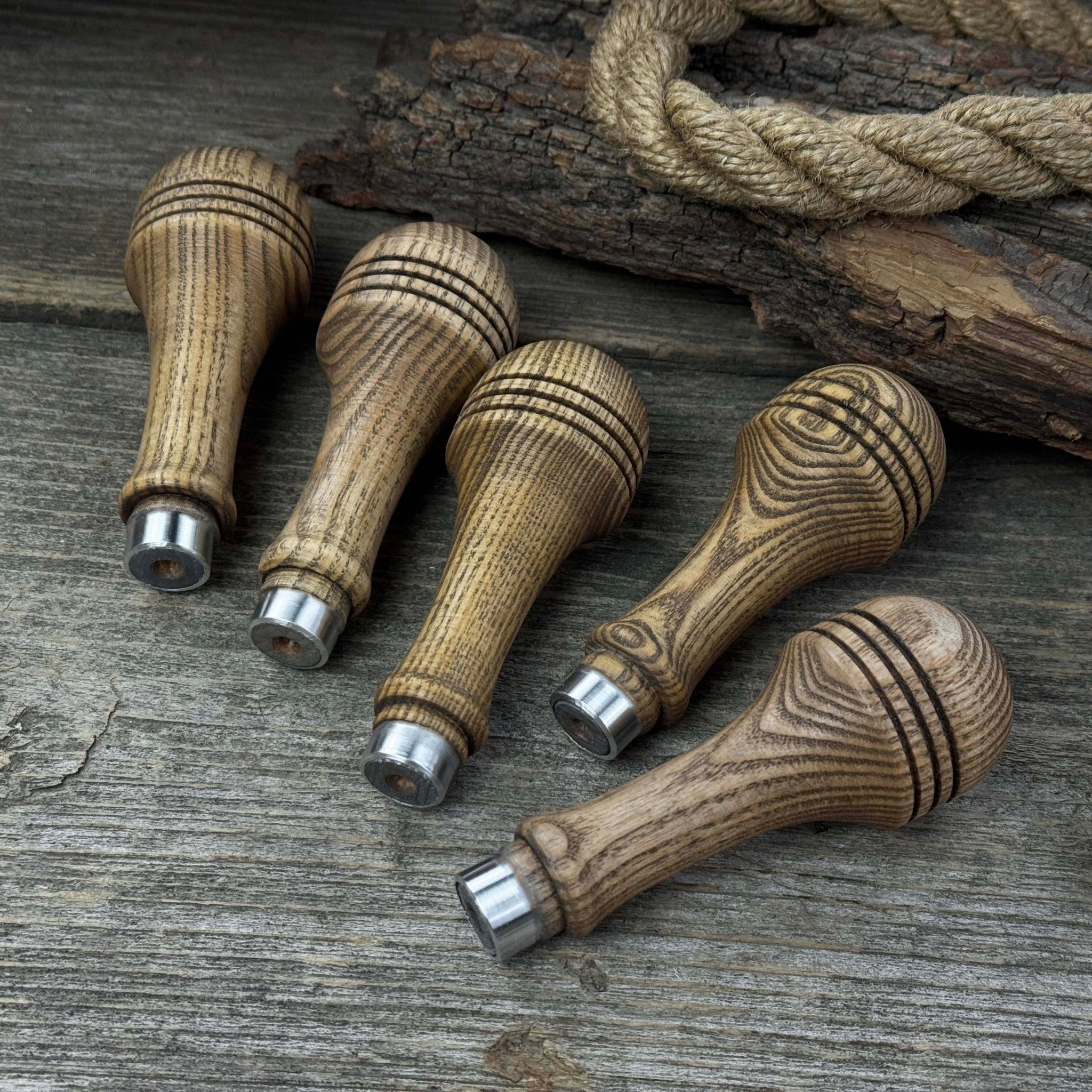 Set of 5 Ash Wood Replacement Handles with Aluminum Rings - 6