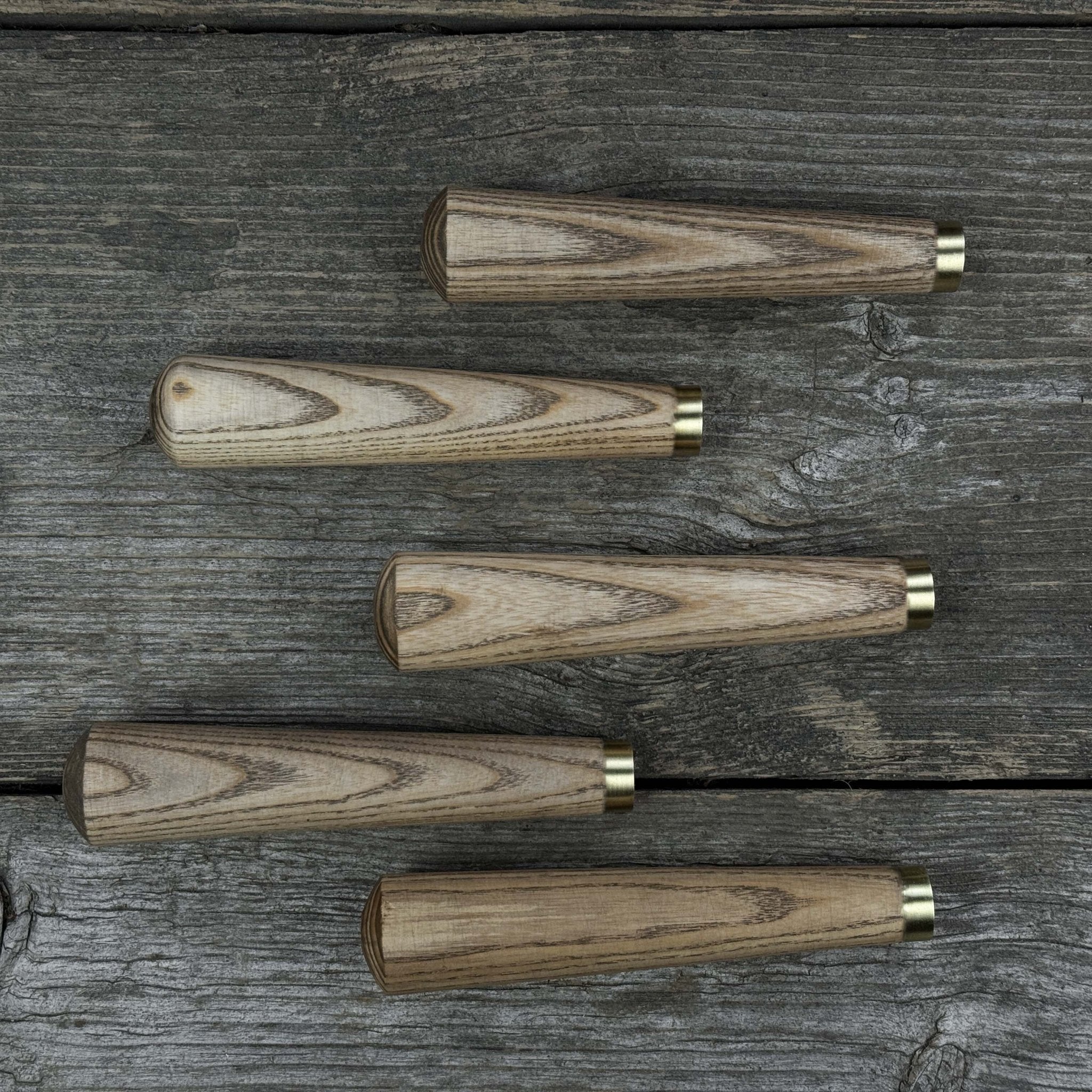 Set of 5 Tapered Ash Wood Handles with Brass Rings - 1
