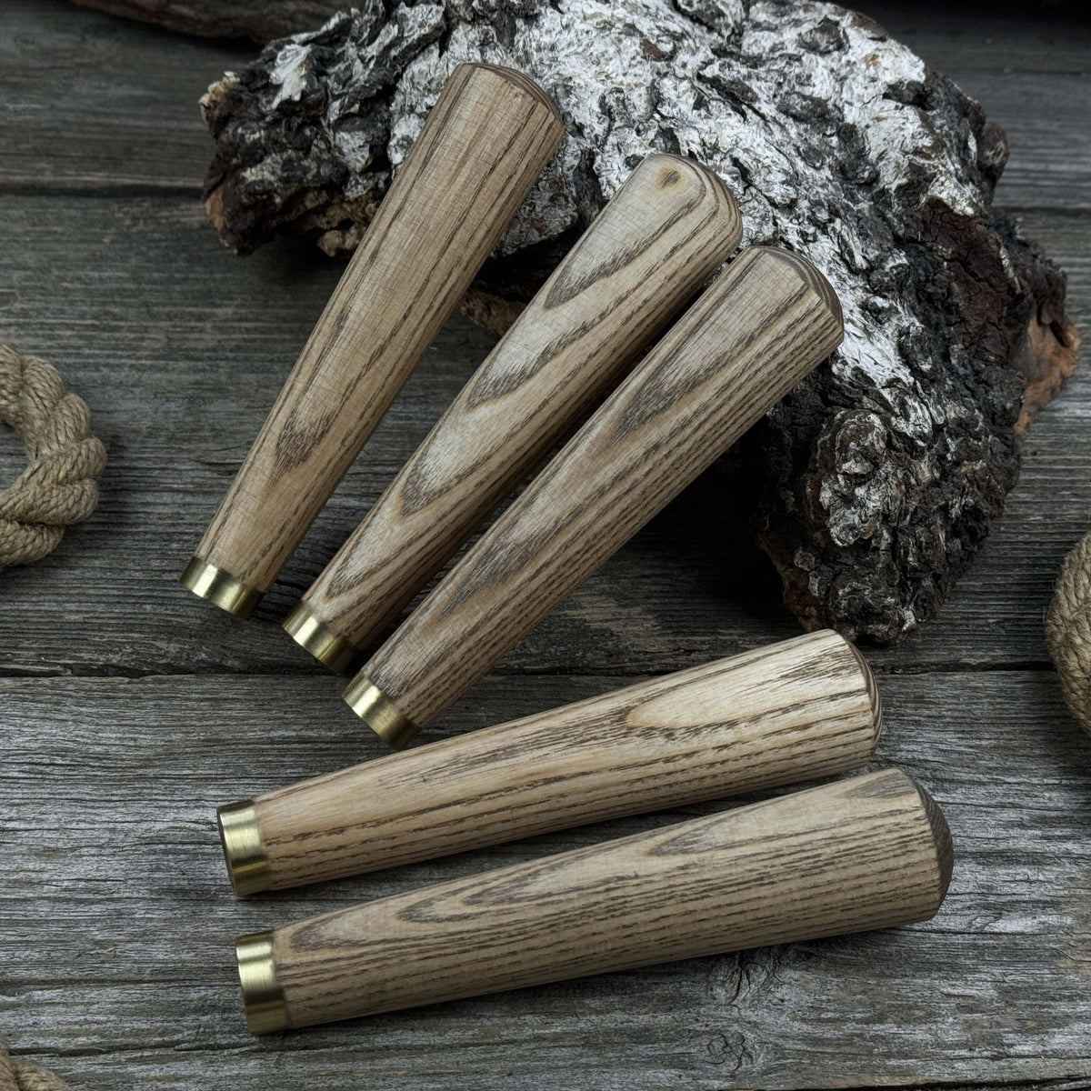 Set of 5 Tapered Ash Wood Handles with Brass Rings - Sharky Forged ...