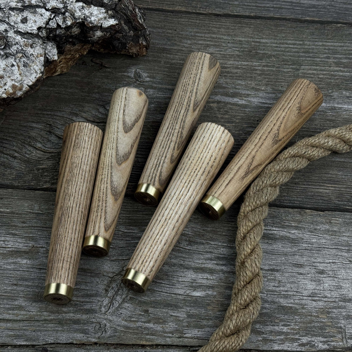 Set of 5 Tapered Ash Wood Handles with Brass Rings - Sharky Forged ...
