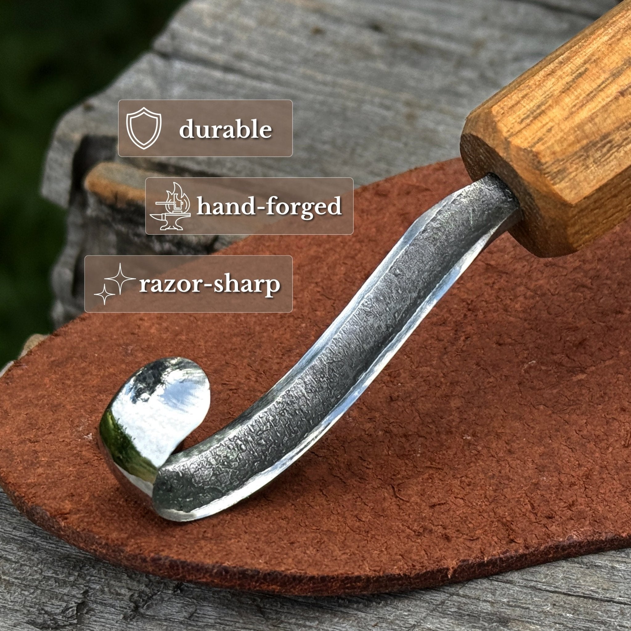 Spoon Carving Hook Knife with Leather Sheath, Blade 6 cm (2.36 in) - 3