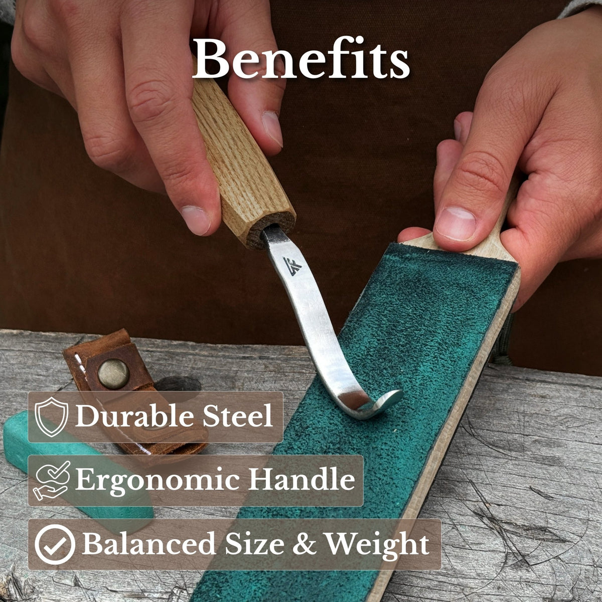 Spoon Carving Hook Knife with Octagonal Handle, 7.5 cm (3 inches), with Leather Sheath - 8